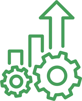 Symbol für Wachstum mit Balkendiagramm und Zahnrädern, Darstellung von Fortschritt und Produktivität.