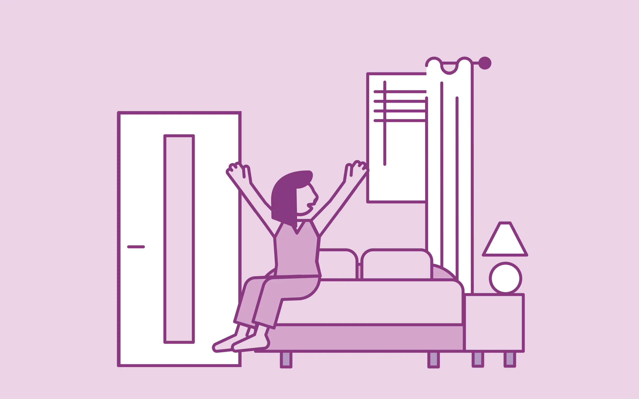 Illustration einer Person, die freudig auf einem Bett sitzt, mit einer Tür und einem Fenster im Hintergrund.