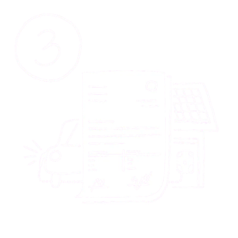 Illustration mit der Nummer 3, einem Dokument, einem Auto und einem Gebäude mit Solarpanel.