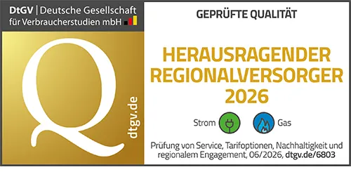 Zertifikat der Deutschen Gesellschaft für Verbraucherstudien für den herausragenden Regionalversorger 2024 mit Informationen zu Qualität und Service.