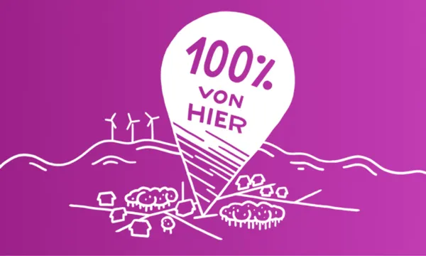 Grafik mit der Aufschrift "100% von hier"" auf lila Hintergrund