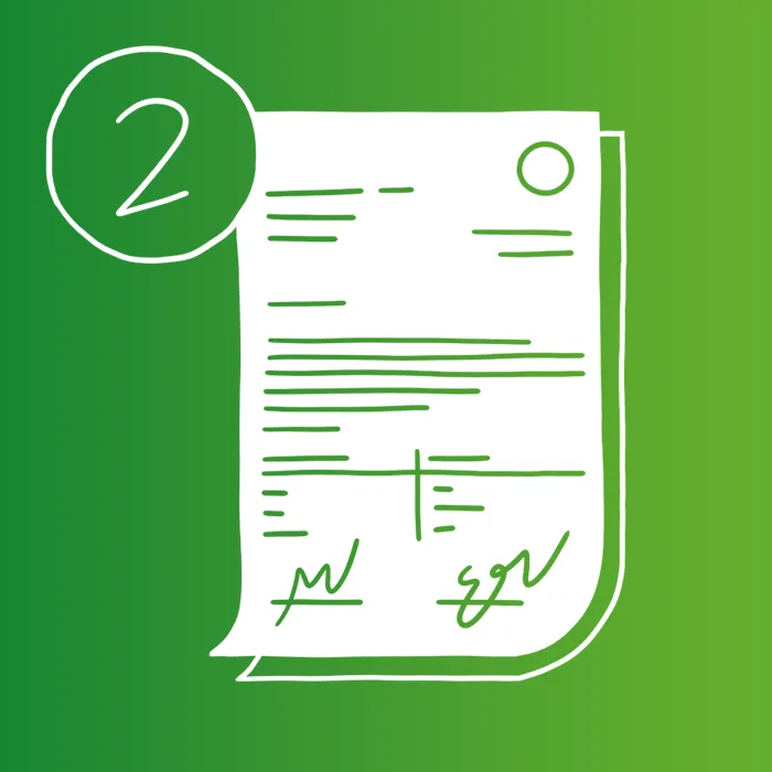 Illustration eines Dokuments mit zwei Unterschriften und der Zahl „2“ in einem grünen Farbverlauf.