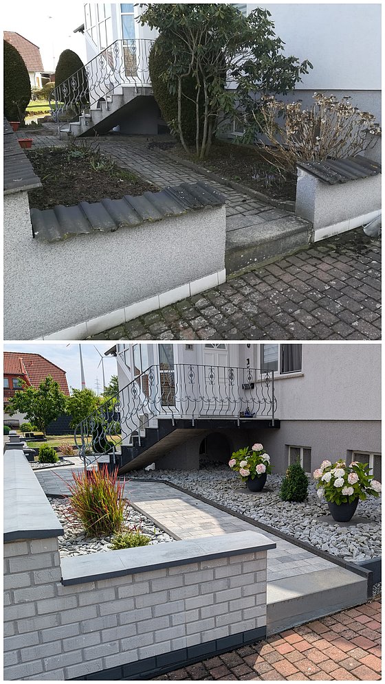 Vergleich der Zugangsbereiche eines Hauses: Oben ungestaltet, unten modernisiert mit Steinen und Pflanzen.