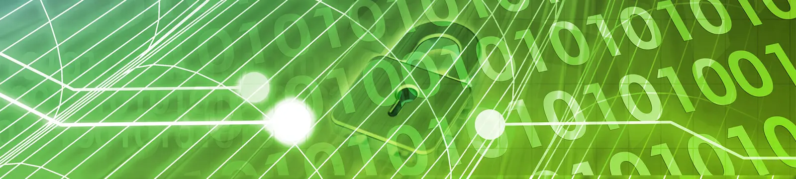 Grüne digitale Grafik mit Binärcode und einem Vorhängeschloss, das Sicherheit und Datenschutz symbolisiert.