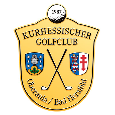 Wappen des Kurhessischen Golfclubs mit Schriftzug, Golfkreuz und symbolischen Emblemen der Orte Oberaula und Bad Hersfeld.
