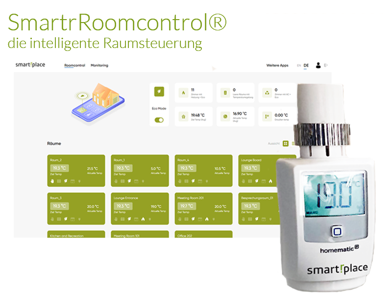 SmartrRoomcontrol®: digitale Raumsteuerung mit Temperaturanzeige und benutzerfreundlicher App-Oberfläche.