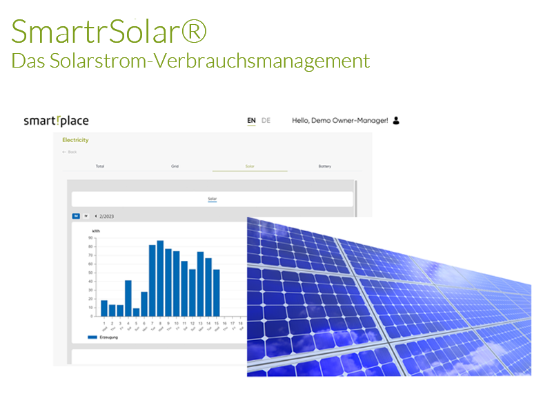 Diagramm zur Solarstrom-Nutzung mit einem Bild von Photovoltaik-Paneelen im Hintergrund.