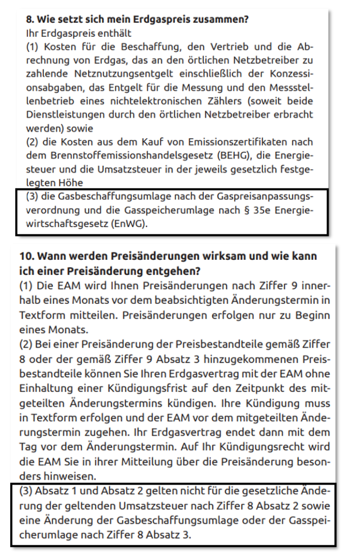 Alt-Text: Textausschnitte mit Informationen zu Erdgaspreisen und Preisänderungen in einem Dokument.