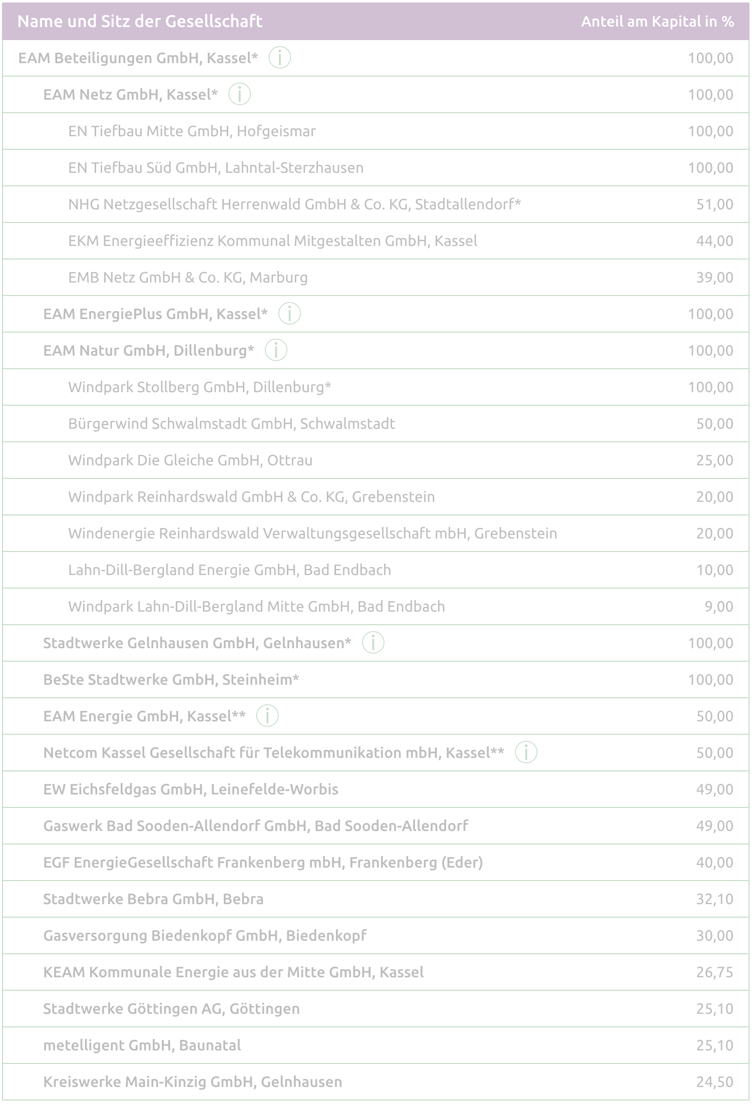 Tabelle mit Unternehmensnamen, Standorten und Kapitalanteilen für EAM Beteiligungen GmbH und Partnerunternehmen.