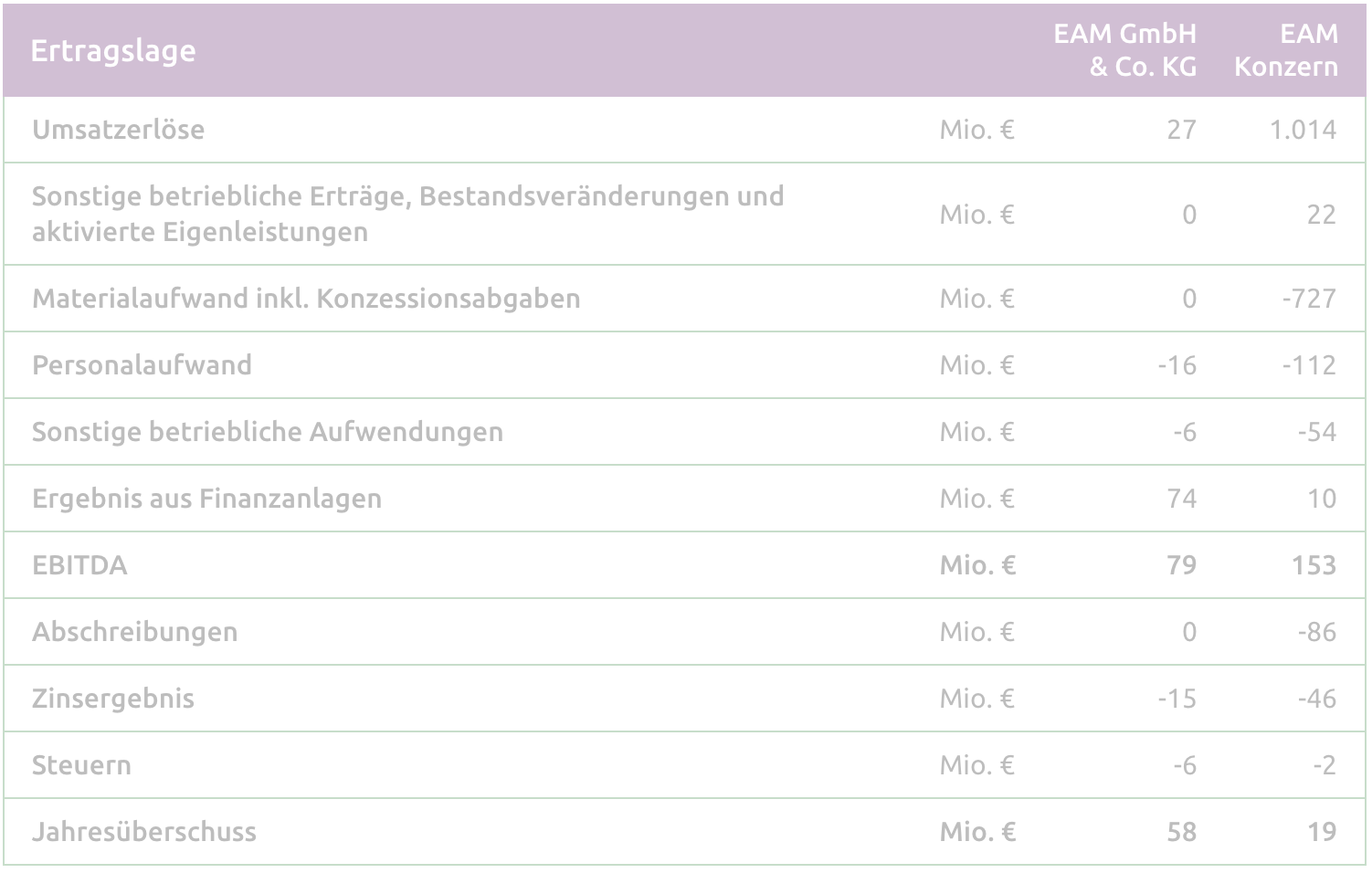 Tabelle mit Ertragslage der EAM GmbH & Co. KG und EAM Konzern, inklusive Umsatzerlösen und weiteren finanziellen Kennzahlen.