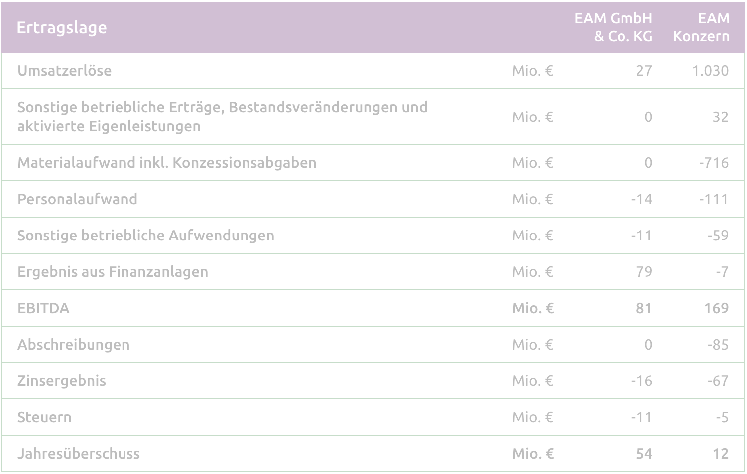 Tabelle mit Ertragslage, einschließlich Umsatz, Kosten und Jahresüberschuss für EAM GmbH & Co. KG sowie EAM Konzern.