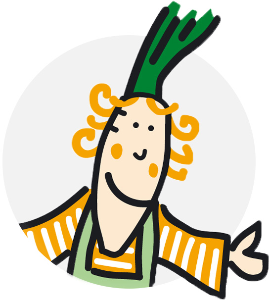 Lustige Zeichnung einer Gemüsefigur mit grünem Haarschopf und orangefarbenen Locken, die freundlich winkt.