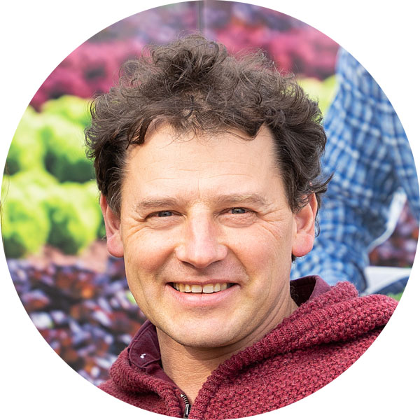 Lächelnder Mann mit lockigem Haar, trägt einen roten Pullover, vor einem bunten Gemüsefeld.