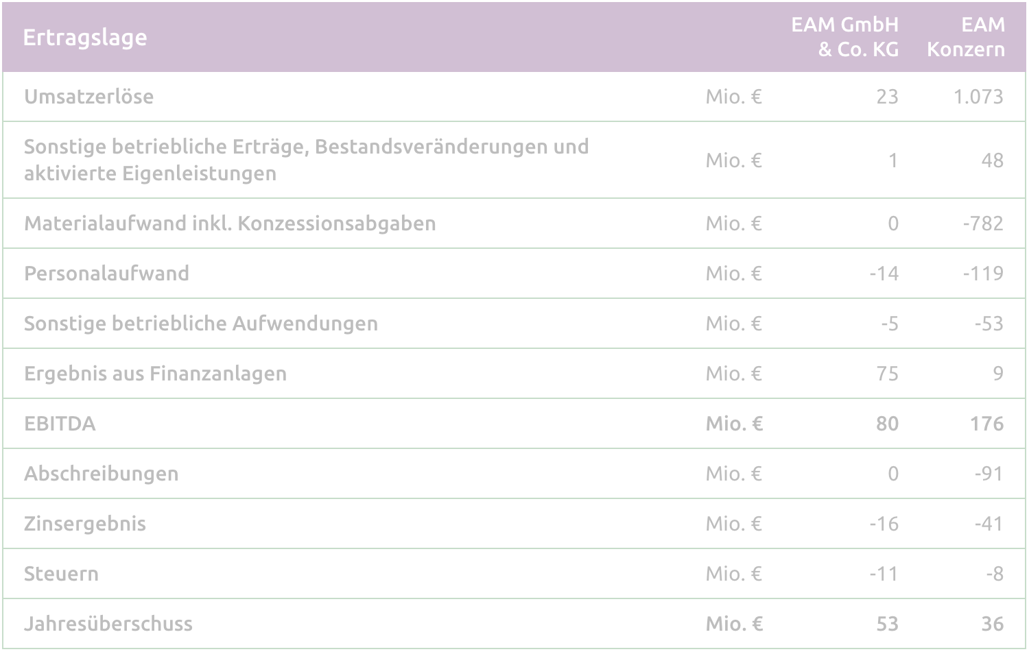 Tabelle zeigt die Ertragslage der EAM GmbH & Co. KG und EAM Konzern mit finanziellen Kennzahlen in Millionen Euro.