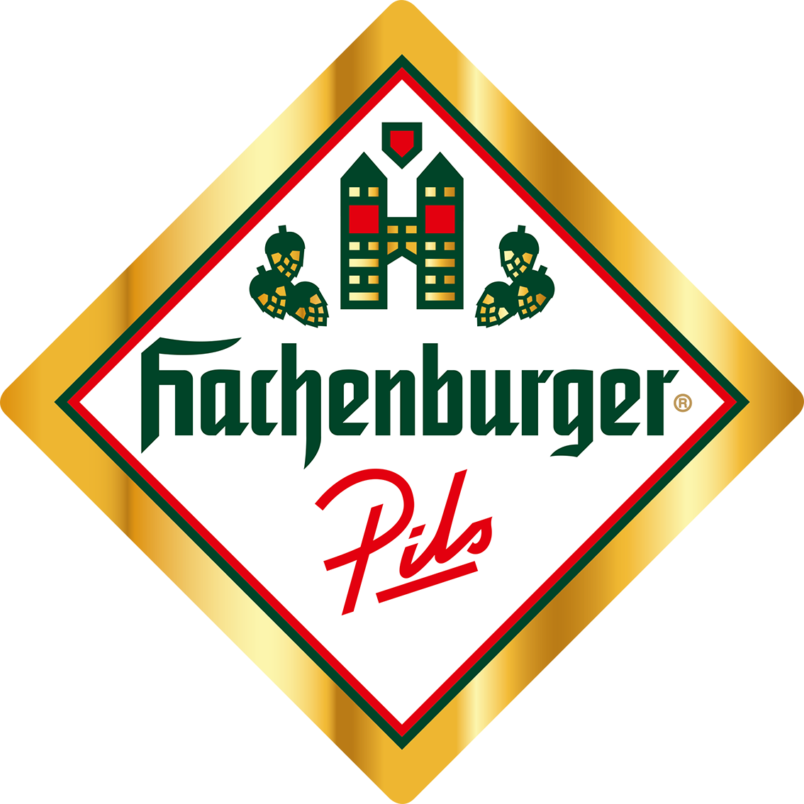 Alt-Tag: Logo der Fachenburger Pils-Brauerei mit grünem Schriftzug auf weißem Hintergrund und goldener Umrandung.