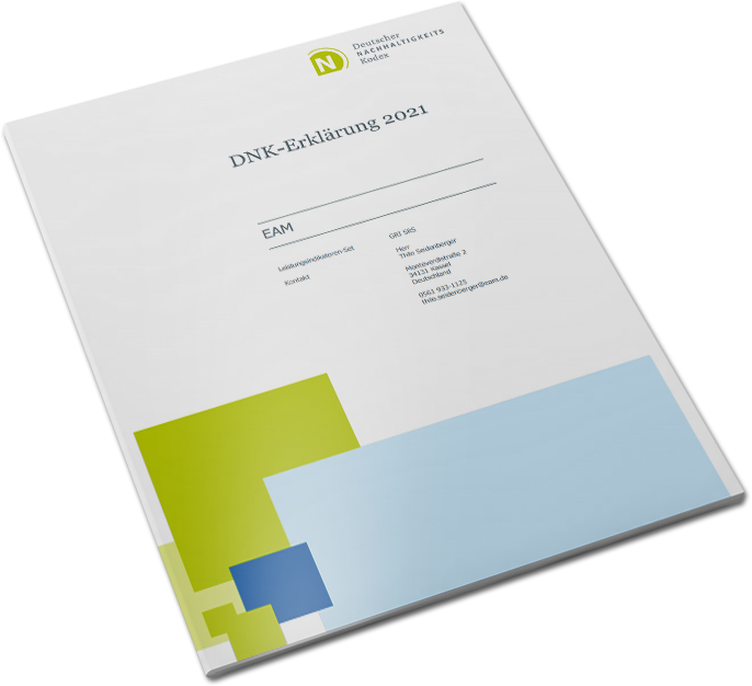Deckblatt der DNK-Erklärung 2021, mit Titel, Kontaktdaten und grafischen Elementen in unterschiedlichen Farben.