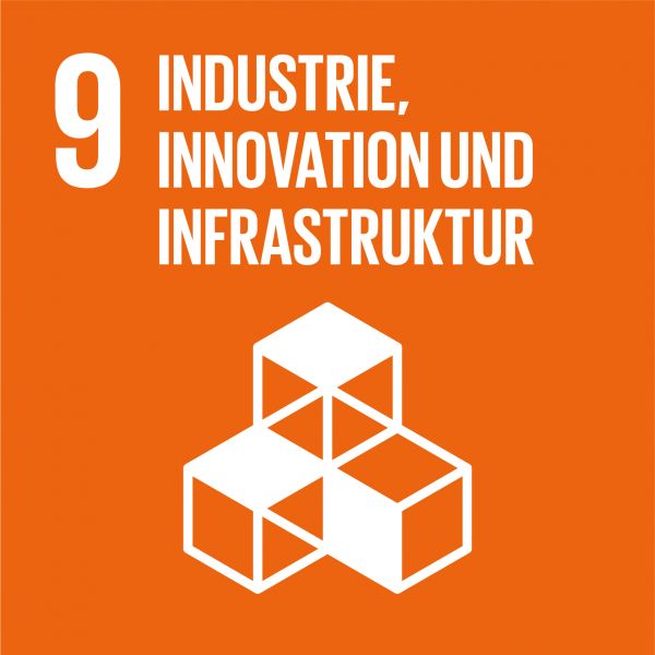 Grafik mit weißem Symbol von ineinandergreifenden Würfeln auf orangefarbigem Hintergrund, beschriftet mit "9 Industrie