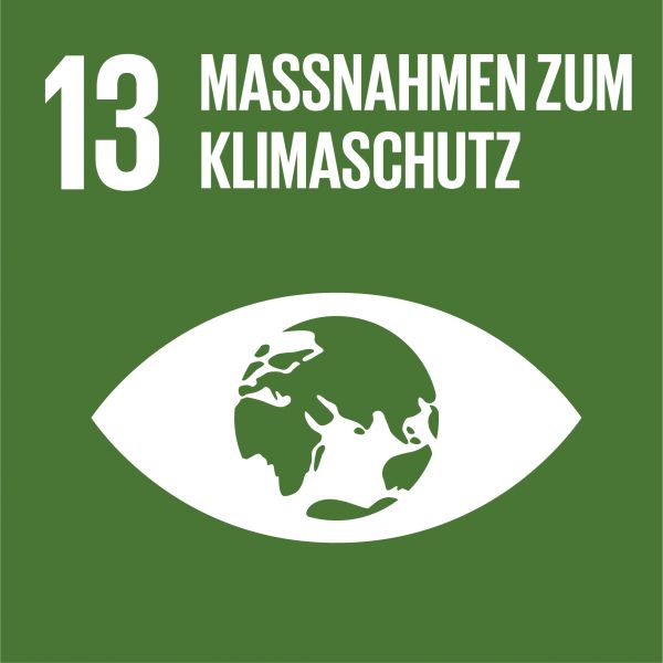 Symbol für Klimaschutz mit dem Text „13 Maßnahmen zum Klimaschutz“ auf grünem Hintergrund.