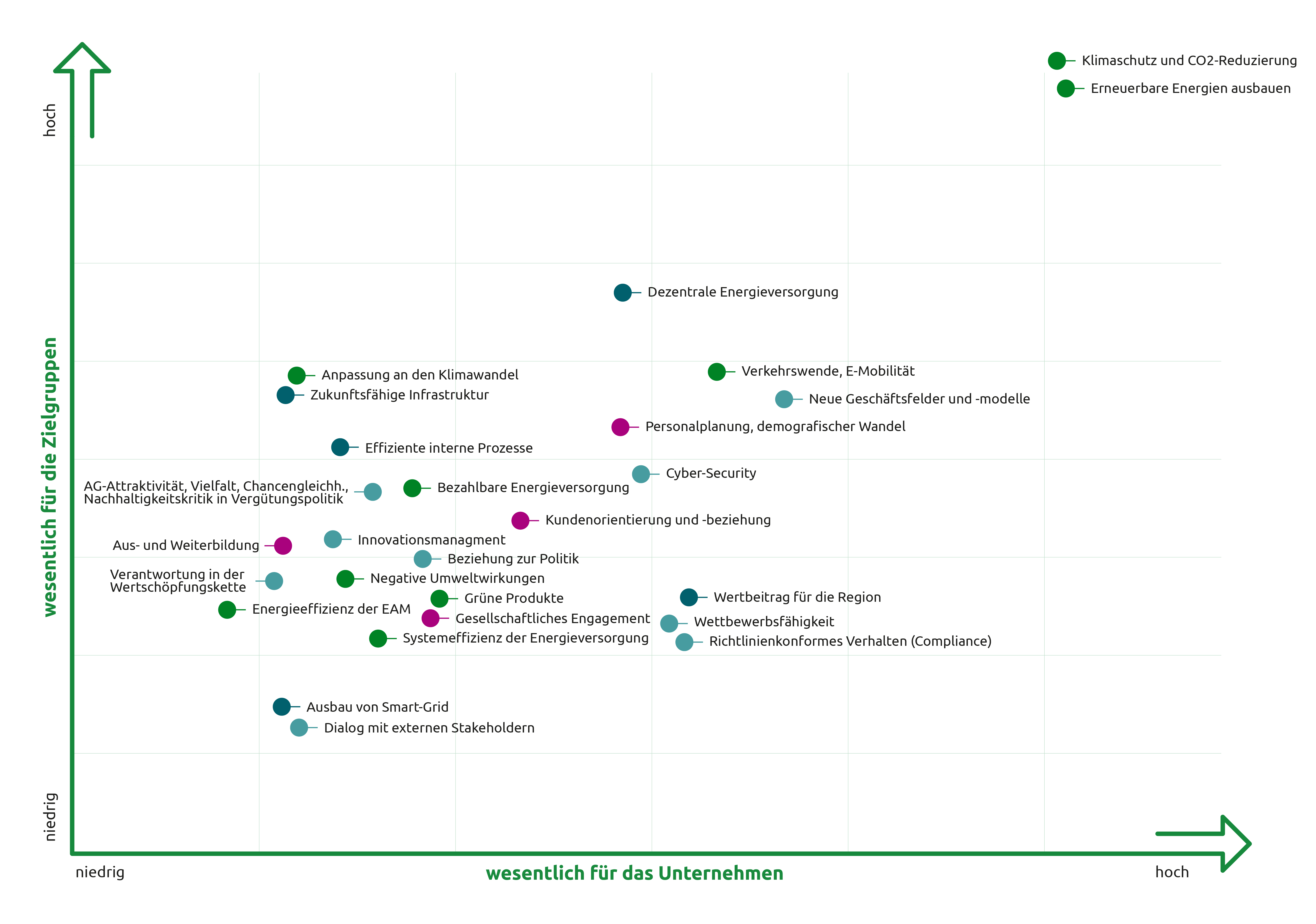 Diagramm zeigt Schlüsselthemen zur Unternehmensrelevanz und deren Wichtigkeit in Bezug auf verschiedene Zielgruppen.