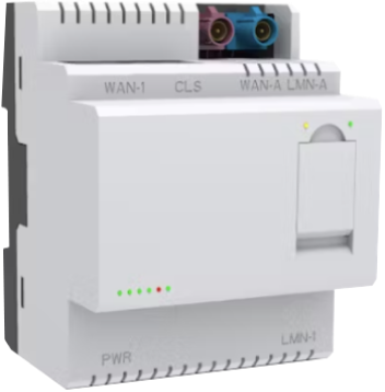 Weißes Gerät mit Netzwerkanschlüssen und LED-Anzeigen für Strom, WAN und LAN.