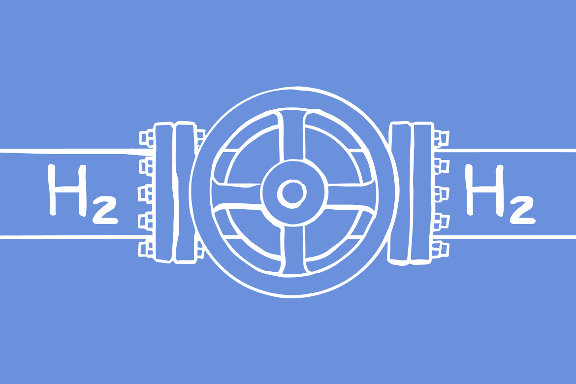 Illustration eines Rades mit Wasserstoffsymbolen (H₂) auf blauen Hintergrund.
