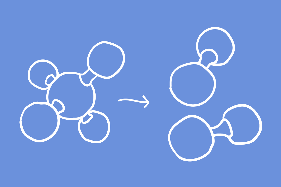 Illustration von Molekülen, die sich in zwei Gruppen teilen, auf einem hellblauen Hintergrund.