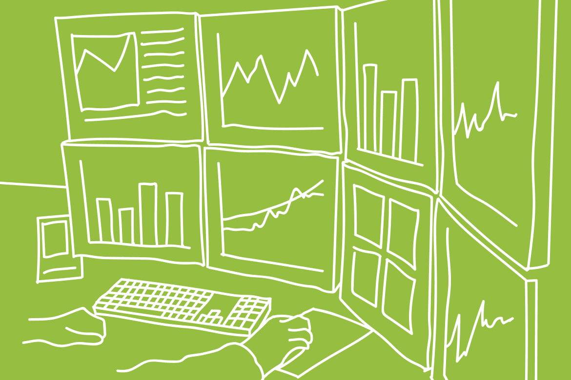 Illustration eines Schreibtisches mit mehreren Bildschirmen, die Statistiken und Diagramme anzeigen. Ein Benutzer interagiert mit einer Tastatur und Maus.