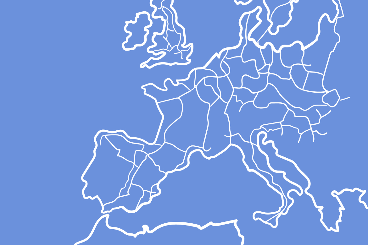 Karte von Europa mit weißen Konturen auf blauem Hintergrund, die Ländergrenzen darstellen.