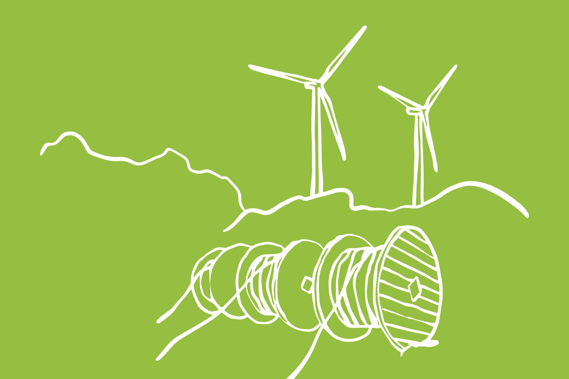 Grafische Darstellung von Windkraftanlagen und einer Kabeltrommel vor grünem Hintergrund.