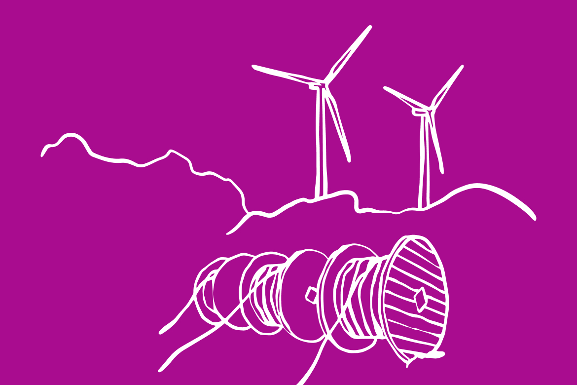Illustration von Windkraftanlagen und einer Kabeltrommel auf lila Hintergrund.