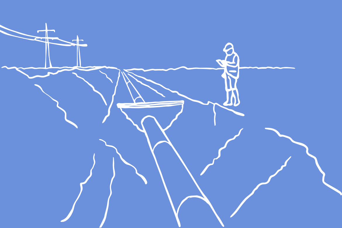 Illustration eines Arbeiters, der eine Pipeline in einer Baustelle inspiziert, umgeben von Freileitungen und unebenem Boden.