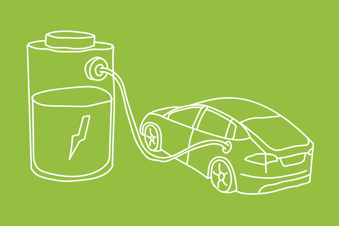 Ein elektrisch betriebenes Auto, das an einer Ladebatterie angeschlossen ist, auf grünem Hintergrund.