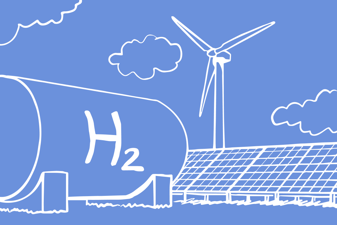 Grafik eines Wasserstofftanks, Windrads und Solarpanels vor blauem Hintergrund.