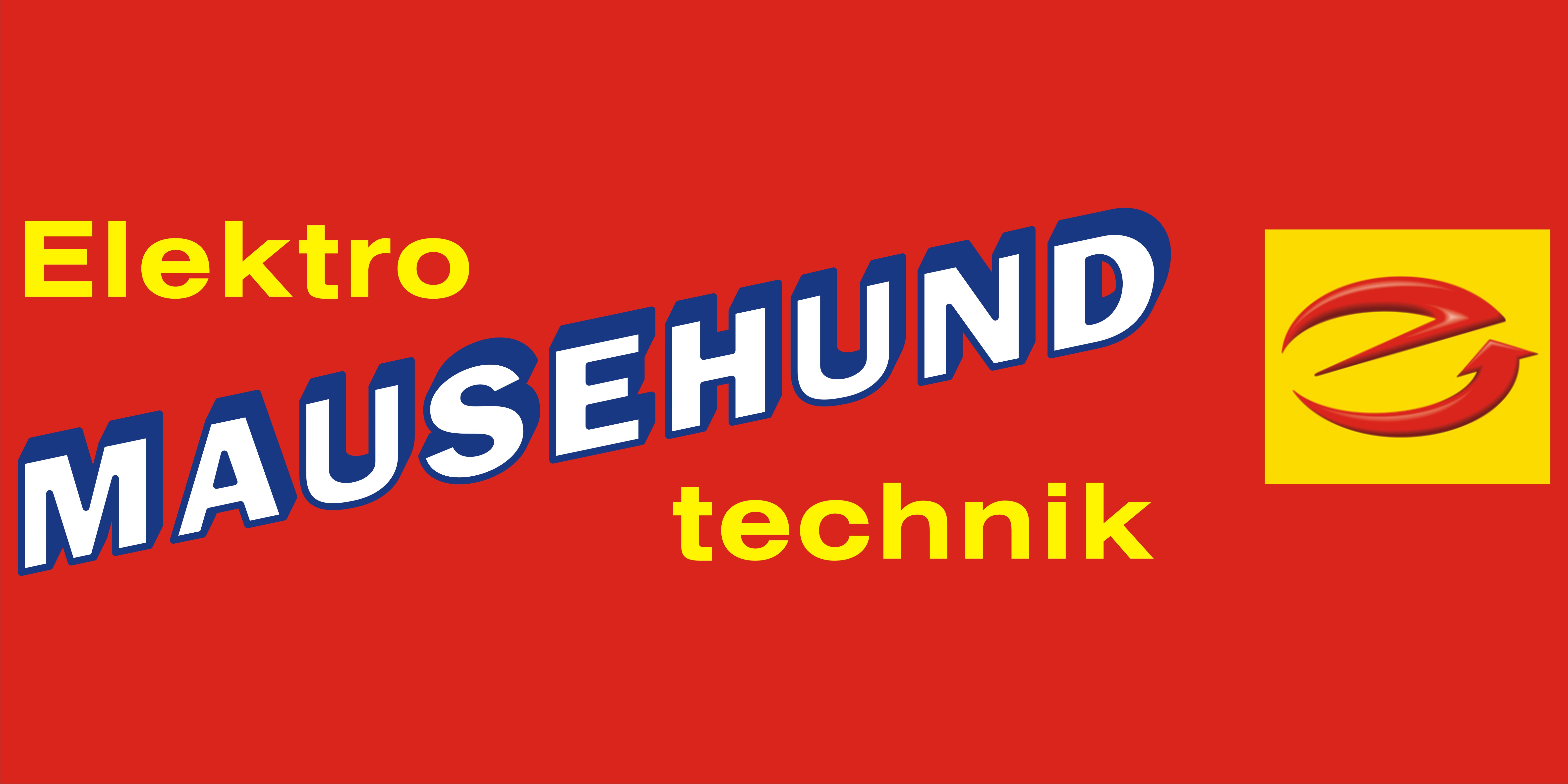 Elektro Mausehund Technik auf rotem Hintergrund, mit gelben und blauen Schriftzügen, daneben ein gelbes Logo.