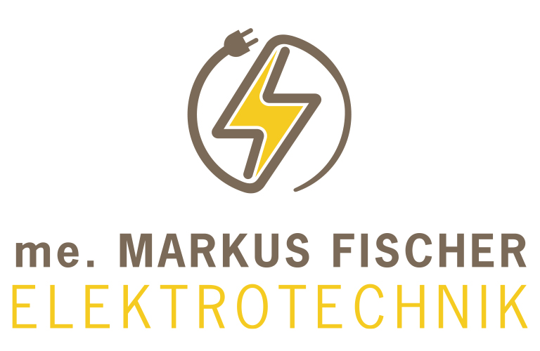 Logo von me. Markus Fischer Elektrotechnik mit Blitzsymbol und Steckdose.