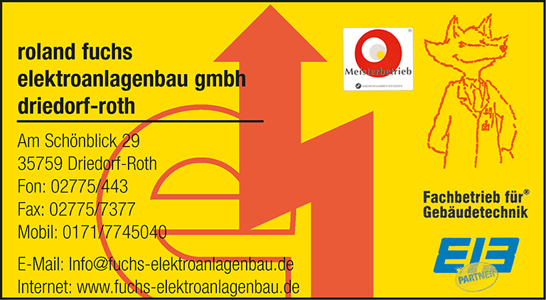 Visitenkarte von Roland Fuchs Elektroanlagenbau GmbH mit Kontaktdaten und Logo auf gelbem Hintergrund.