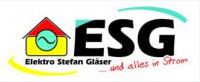 Logo von Elektro Stefan Gläser (ESG) mit Slogan "und alles in Strom"". Farbige grafische Elemente."