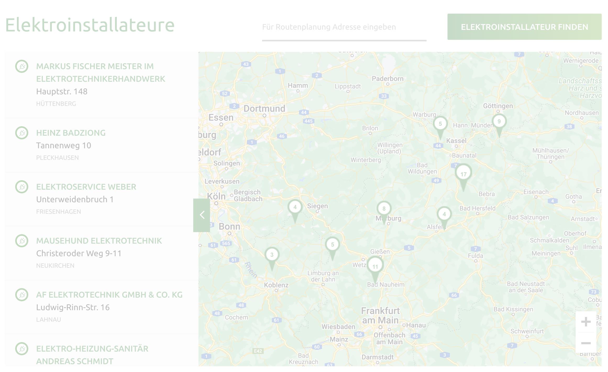 Eine interaktive Karte mit Elektroinstallateuren und ihren Adressen in Deutschland.