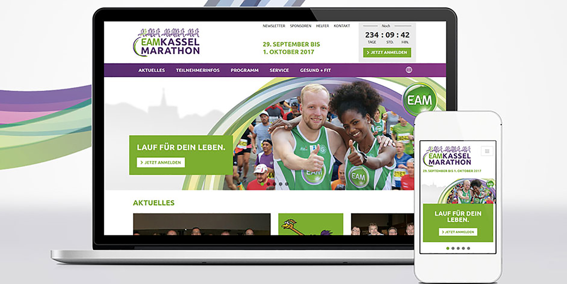 Zwei Geräte zeigen die Website des EAM Kassel Marathons mit Anmeldebuttons und Veranstaltungshinweisen.
