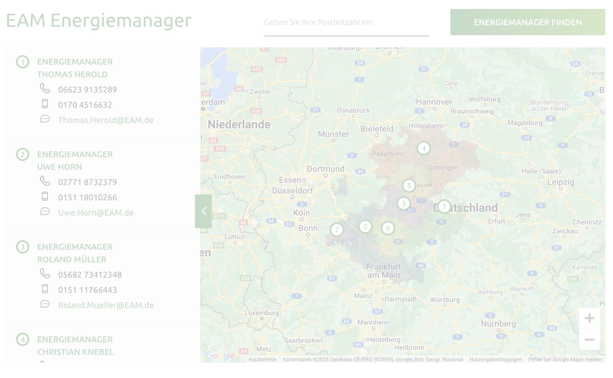 EAM Energiemanager: Kontaktinformationen und interaktive Karte mit Ansprechpartnern in der Umgebung.