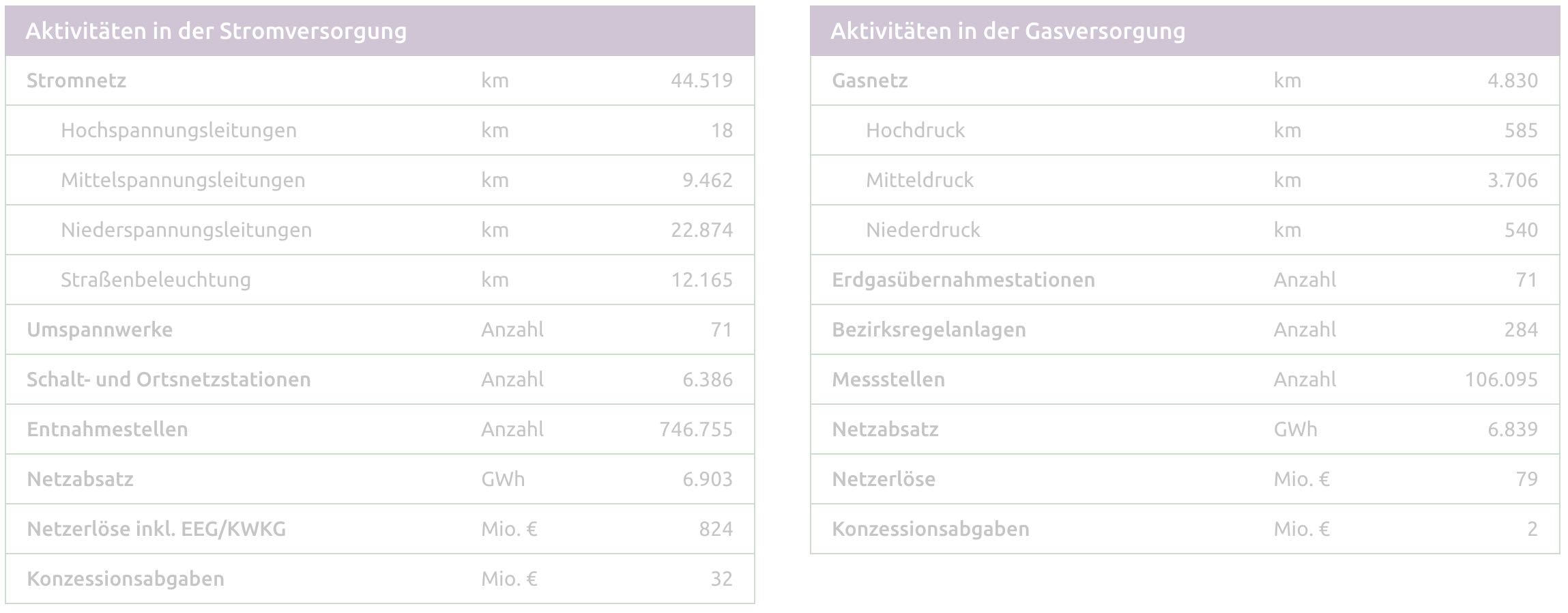 Tabelle mit Aktivitäten in der Strom- und Gasversorgung, einschließlich Distanzen und Anzahl relevanter Stationen.