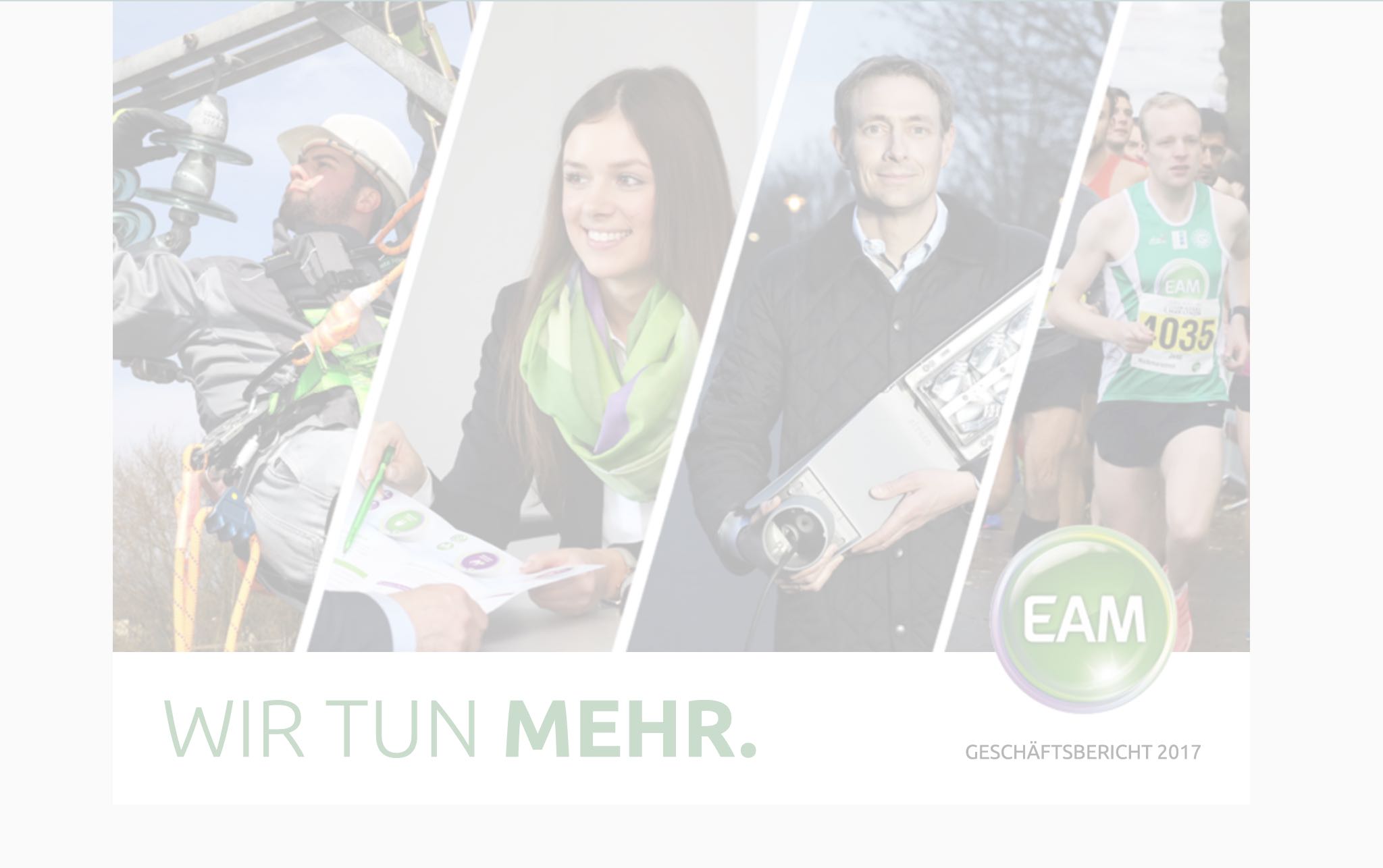 Verschiedene Personen bei der Arbeit und im Sport, begleitet von dem Text "WIR TUN MEHR."" und dem EAM-Logo."