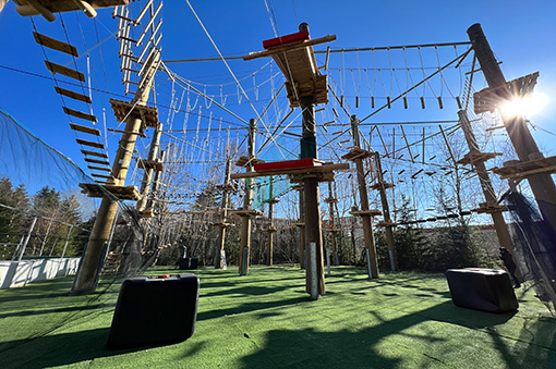 Hochseilgarten mit seilgesicherten Plattformen und Kletterelementen vor klarem Himmel und Sonne.