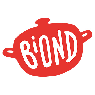 Das Logo der Firma Biond, der Text steht innerhalb von einem roten Kochtopf.