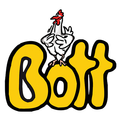Illustration eines Huhns, das auf dem Schriftzug "Bott"" steht