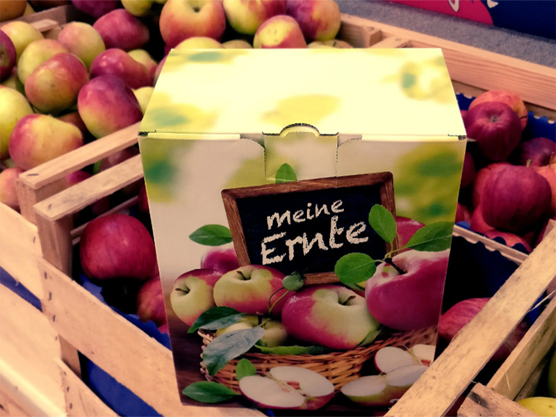 Ein Karton mit Äpfeln und dem Schriftzug "meine Ernte"" auf einem Holzregal