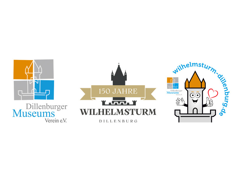 Logos des Dillenburger Museumsvereins und Wilhelmsturms zum 150-jährigen Jubiläum, inklusive Website-URL.