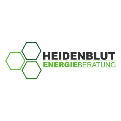 Logo von Heidenblut Energieberatung mit hexagonalen Formen in Grün und Schwarz.