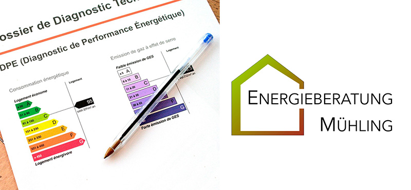 Ein Foto von einem Energieausweis, der Effizienzklassen von A bis G zeigt und das Logo der Energieberatung Mühling.