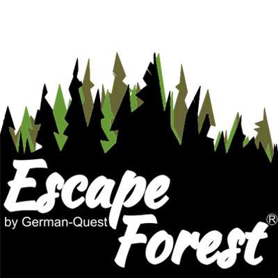 Logo von Escape Forest, stilisierte Baum-Silhouetten in Grün und Schwarz, darunter der Text "Escape Forest by German-Quest""."